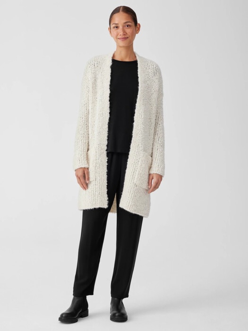 EILEEN FISHER - Peruvian Alpaca Loop Cardigan. Ivory - XS oversized